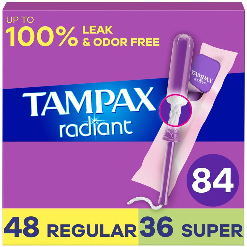 Tampax تامباكس راديانت تامبون للنساء عبوة متعددة مع حافة تسرب امتصاص عادي فائق بدون رائحة 84 قطعة 3 عبوات من 28 - Image 1